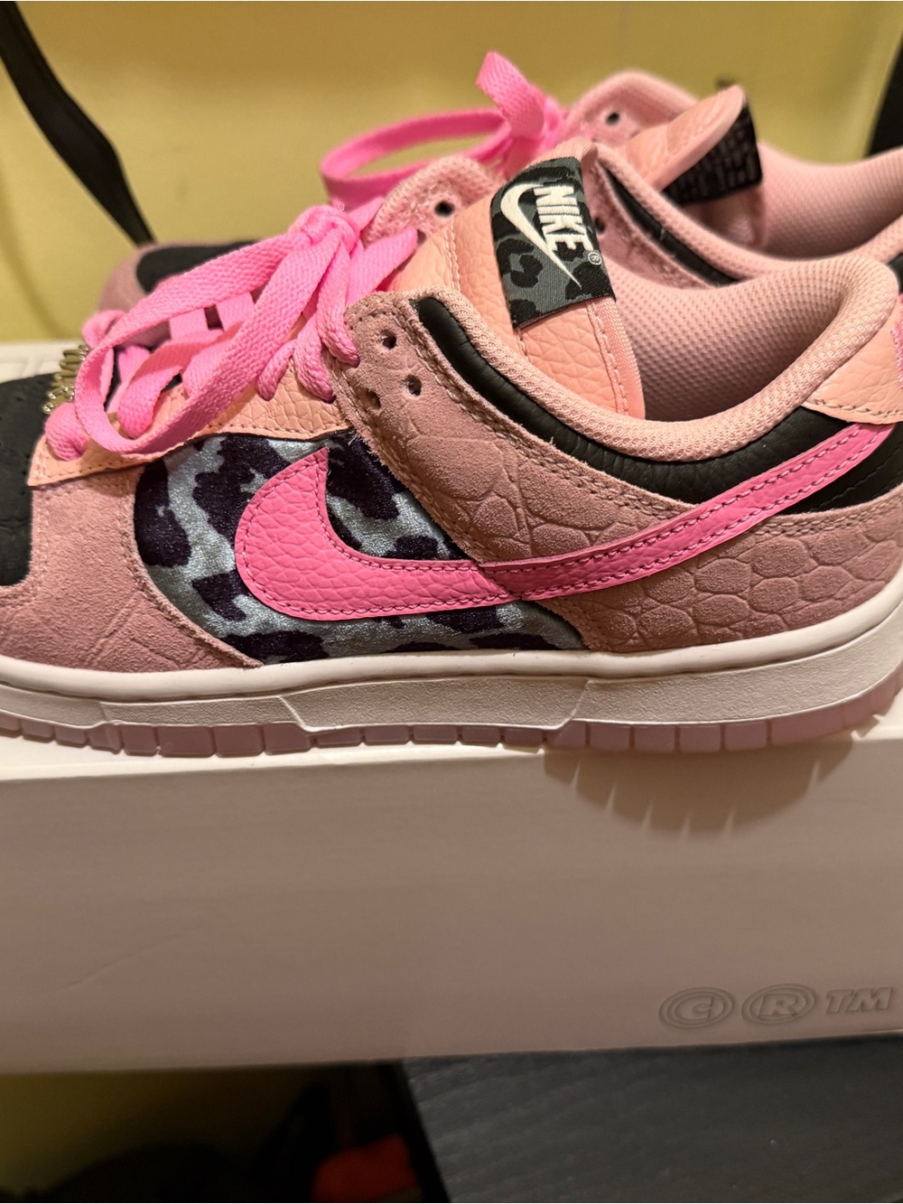 Nike women’s custom Pink and Black Low-Top Sneakers with Patterned Panels